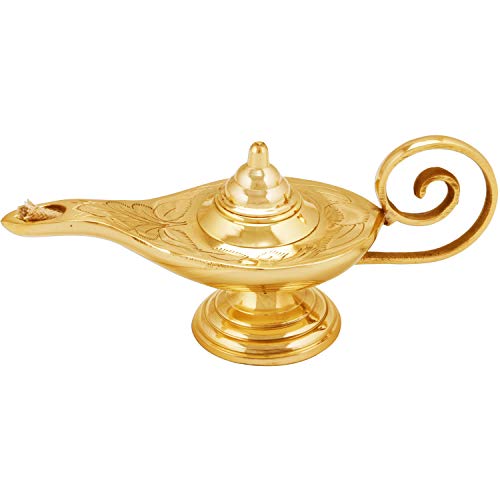 Lámpara mágica oriental de Aladdín de aceite Jini 19 cm Dorada | hecha de latón macizo | Lámpara del Genio de Aladín Decoración india árabe para adornar mesas nupciales o decorar ventanas