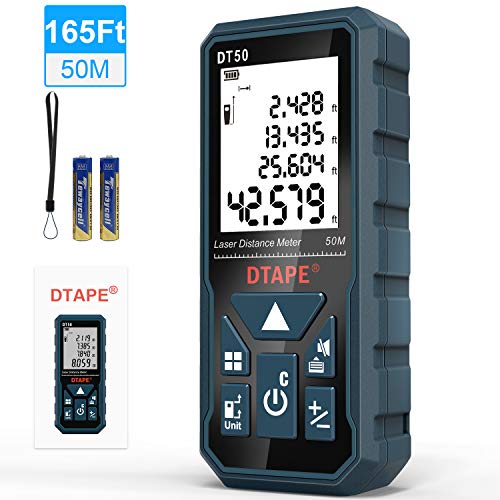 Medidor Láser, DTAPE DT50 Medidor de Distancia Láser 50M / 165 pies, Medidor de Presión Portátil Herramienta de Medición de Flujo digital, Pantalla LCD Retroiluminada más Grande de 4 Líneas IP54