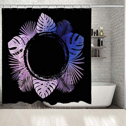 n Marco de círculo de Hojas de Palma Soleado Exótico Junto al mar Días de Verano Floral Arte Moderno Negro Cortina de Ducha Azul púrpura