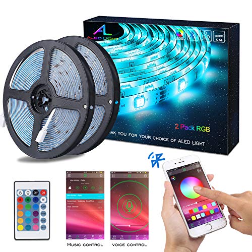 Tiras de luz LED Bluetooth, ALED LIGHT 5050 RGB 2x5 metros Tiras de luz LED 300 LED Banda de luz a prueba de agua a control remoto