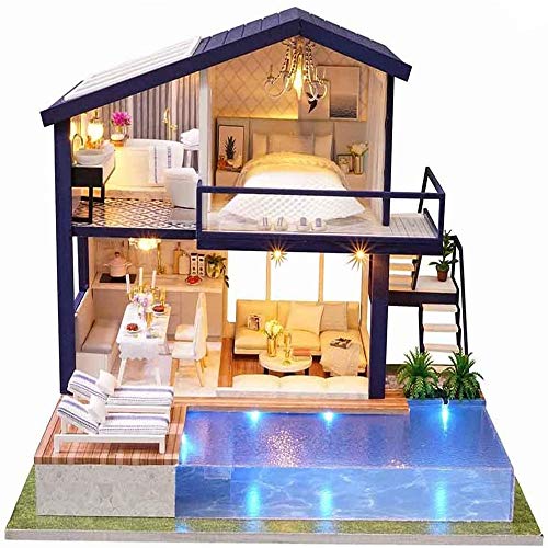 WDLY DIY Mini De Madera Casa De Muñecas, Tiempo Apartamento Alquiler De Cabañas Hechas A Mano Kits Modelo De Arquitectura para Chicas para Niños Adultos Playset Juguetes (Banda De Guardapolvos)