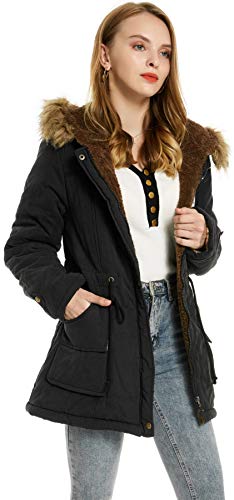 Abrigo cálido para mujer, parka de algodón, con capucha, de piel, acolchada, estilo militar, invierno Negro
 S