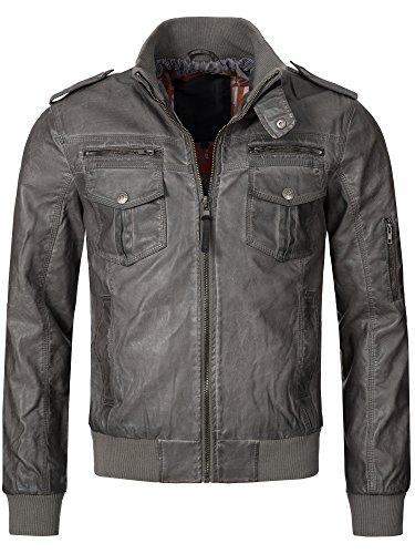 Indicode Caballero Pawel Chaqueta de imitación Cuero con Cuello alzado | Piel Sintética Chaqueta Cómodo para Motero Entretiempo Men Faux Jacket Cool Hombres Grey L