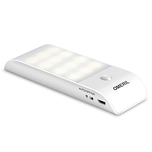 Luz Noche, OMERIL Luz LED Armario Recargable USB con Sensor de Movimiento, 12LED Luz Nocturna con 3 Modos (AUTO/ON/OFF), Luz Cálida para Pasillo, Escalera, Cocina, Baño, Garaje, Gabinete y Sótano