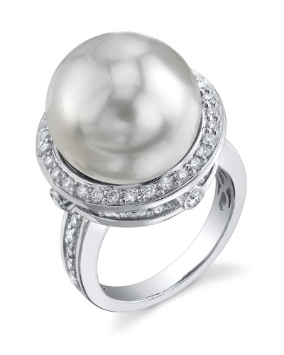 14 mm blanco perla cultivada del Mar del Sur y del diamante Bella anillo en 18 K oro