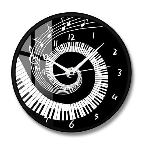 AnnQing Teclas de Piano Elegantes Reloj de Pared Moderno en Blanco y Negro Notas Musicales Wave Round Music Keyboard Reloj de Pared Music Lover Pianist Gift-Metal Frame