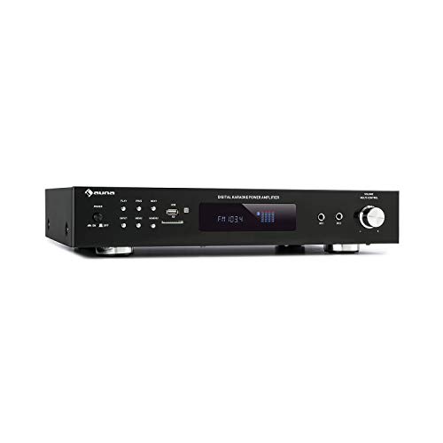 auna AMP-9200 BT Amplificador Estéreo para Karaoke, Potencia de Salida: 2 x 60 vatios RMS, Bluetooth, sintonizador FM, USB/ SD, Entrada Auxiliar, Entrada DVD, 2 Conectores de micrófono, Negro