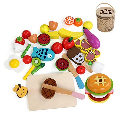 BelleStyle Juguetes Cortar Frutas Verduras de Madera, Gastronomia Saludable, Sin Toxico Juguetes Educativos para 3+ Nino pequenos ninos ninasJuego de Alimentos Play 23PCS con Hamburguesa