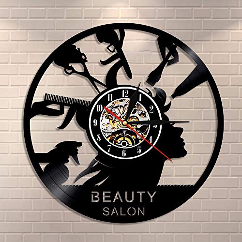 BFMBCHDJ Salón de Belleza Tienda Decoración Maquillaje Reloj de Pared Hecho de Vinilo Disco Peluquería Moderno Reloj de Pared Hair Salonv Regalos para peluqueros