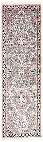 CarpetFine: Alfombra Cachemira de Seda 61x204 cm Beige,Fucsia,Negro - Anudada a Mano - Floral