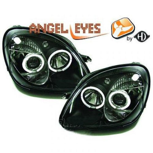 Diseño Juego de faros Angel Eyes (Cristal Transparente/Negro con anillos de luz, incluye intermitentes, LWR manual, Mercedes SLK R 170 Bj 1996 – 2004