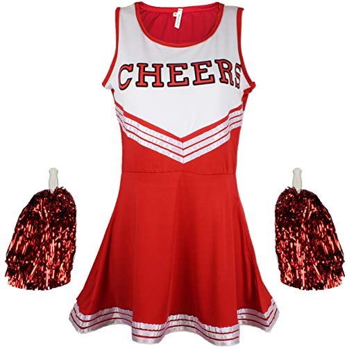 Disfraz de animadora, disfraz de High School Musical, con pompones, Women's, color rosso, tamaño Large
