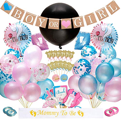 Dsaren 103 Pcs Artículos de Fiesta de Gender Reveal Niño o Niña Sorpresa Banner Confeti Globos de Látex Photo Booth Props Cupcake Toppers Baby Shower Decorations