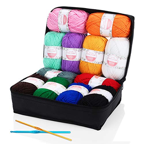 Hilo Acrílico SOLEDI Ovillos de Lanas de Hilo lana prémium Hilados Madejas, perfecto para DIY y tejer a mano, con gratis ganchillo y bolsa de almacenamiento (50 g * 12 colores)