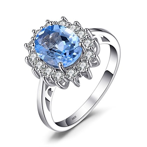 JewelryPalace Anillo de Compromiso Princesa Diana William Kate Middleton 2.3ct Halo Topacio Azul Genuinn Plata de ley 925 Tamaño 17