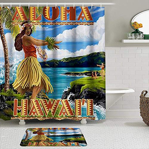 Juego de Cortinas y tapetes de Ducha de Tela,Chica Hula en la Costa Aloha Hawaii,Cortinas de baño repelentes al Agua con 12 Ganchos, alfombras Antideslizantes