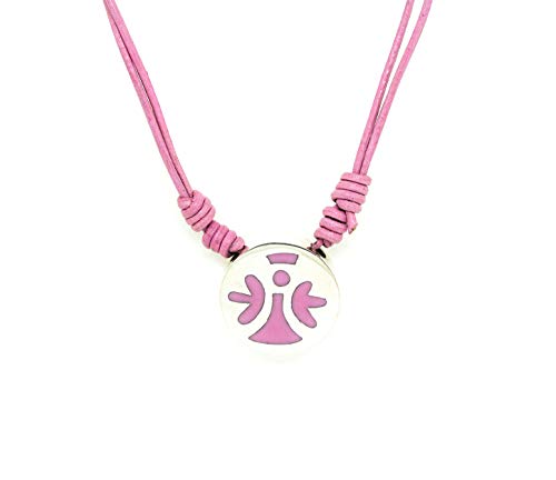 Kokomorocco Collar Angel de la Guarda Plata esmaltado Color Rosa Pastel cordón de Cuero Ajustable, Regalo comunión, Regalos Originales Mujer o niña, Tarjeta, Caja y Bolsa de Regalo Incluido