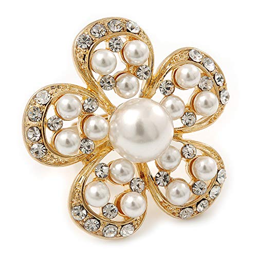 Perlas de Caviar y flores de cristal de Swarovski en cóctel anillo chapado en oro - 30 mm/ajustable Tamaño 7 8