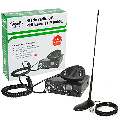 PNI CB Radio 5231 Escort HP 8000L con ASQ Ajustable, 4 W Ranura para Botón + Antena CB PNI Extra 45 SWR 1.0 45 cm Fibra de Vidrio Magnética Soporte Incluido