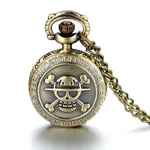Reloj de bolsillo JewelryWe, de bronce envejecido, en diseño de calavera y con cadena de 80 cm