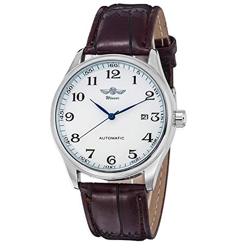 Reloj mecánico para hombre, esfera blanca con manecillas azules y correa de poliuretano autoviento para hombre.