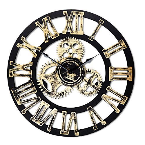 Top Race Reloj de pared redondo de 16 pulgadas, diseño de engranajes antiguos de madera hechos a mano en 3D de la vendimia, por Chevy K. (oro con números romanos),