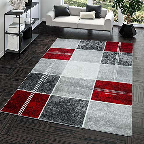 T&T Design Alfombra De Salón Moderna Económica Diseño Cuadros En Gris Rojo Al Mejor Precio, Größe:120x170 cm