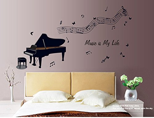 ufengke® Negro Piano y Notas Musicales Pegatinas de Pared, Sala de Estar Dormitorio Removible Etiquetas de La Pared/Murales