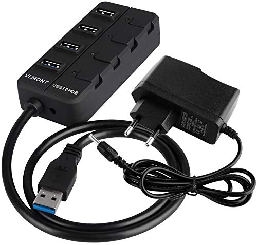 VEMONT USB Hub 3.0 4 Puertos Hub USB 3.0 con Ataptador 5V/2A con Botón como Piano Encender/Apagar Alta Velocidad Compatible con Las Sistemas de Windows 10, 8.1, 8, 7, XP, Vista, Mac OS