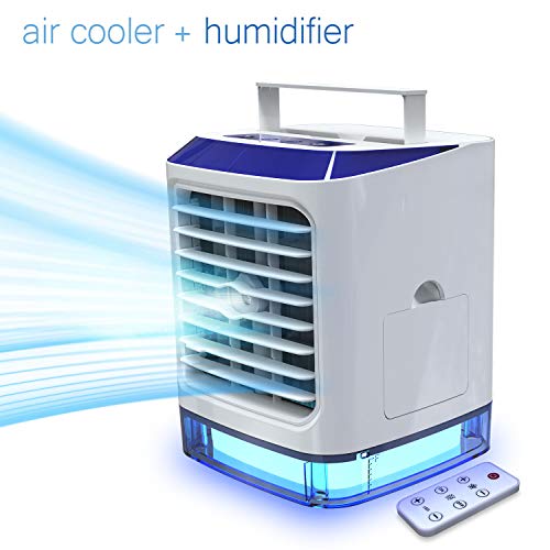 Aire Acondicionado Portátil, 4 en 1 Mini Ventilador Humidificador Purificador, USB Air Cooler con 3 Velocidades y 7 Colores LED Luz para Hogar Oficina Acampada