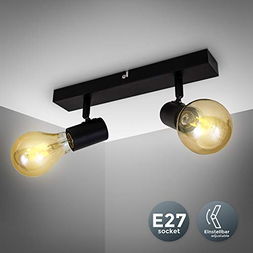 B.K.Licht - Lámpara de techo con 2 Focos ajustables y giratorios para interiores, forma recta en barra, requieren bombilla E27, max. 60 W, color negro, también Aplique pared