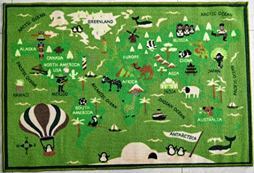 BuyElegant Green Little World Maps Alfombras de área Alfombra de poliéster Alfombra de Juego Educativo súper Absorbente 120 x 80 cm