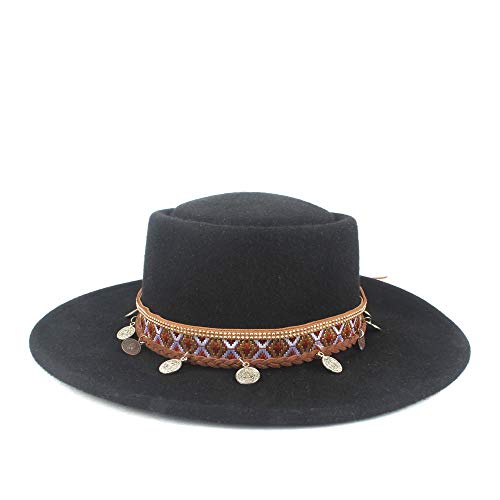 JIANGJINLAN Invierno Otoño Mujer Maial Lana Pie Crew Flat Top Hat 100% Lana Gentleman Flat Top Hat Hombre (Color: Negro, Talla: 56-58)