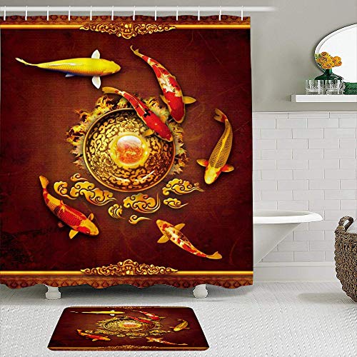 Juego de cortinas y tapetes de ducha de tela,Pez koi Emperador chino Icono de signo Sacre Goldfish Icono Rey Santo Tót,cortinas de baño repelentes al agua con 12 ganchos, alfombras antideslizantes
