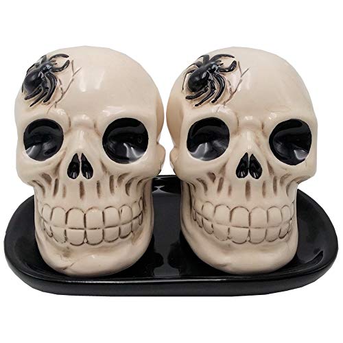 Juego de salero y pimentero de cerámica con bandeja de 3 piezas de Skulls &. Spiders