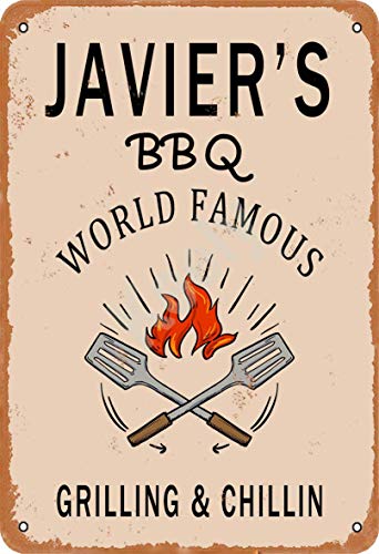 Keely Javier'S BBQ World Famous Grilling & Chillin Metal Vintage Cartel de Chapa Decoración de la Pared 12x8 Pulgadas para cafeterías Restaurantes Pubs Hombre Cueva Decorativa