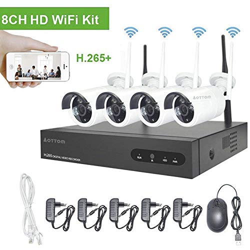 Kit de vigilancia de Video WiFi Aottom 1080P 8CH Kit de Seguridad inalámbrica 4 Camaras, Sistema de vigilancia de Video, Visión Nocturna, Detección Movimiento, Email Alarmas, App Android/iOS, sin HDD