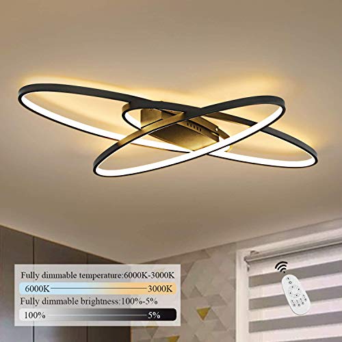 Lámpara de techo LED Regulable Moderna Luz de sala Negra, Plafón ovalada de diseño de 3 anillos, Dormitorio Decoración Iluminación Aluminio para cocina Apartamento, con Control remoto, 30W