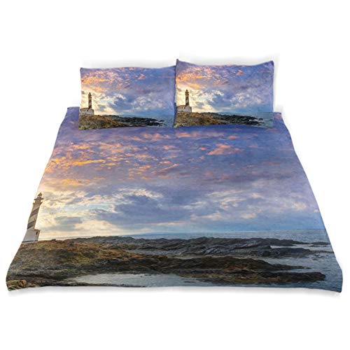 LISUMAL Ropa de Cama - Juego de Funda nórdica Terciopelo de Cristal Impreso en 3D Satinado Completo，beidan Cap De Favaritx Sunset Lighthouse Cape en Mahón en Las Islas Baleares de España Costa