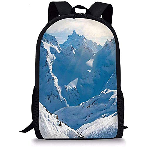 Mei-shop Mochilas Escolares Decoración de Apartamentos Picos de montaña nevados Temporada de Invierno Tierras congeladas Alpes Alta Europa escénica Fotografía Surrealista Azul Blanco