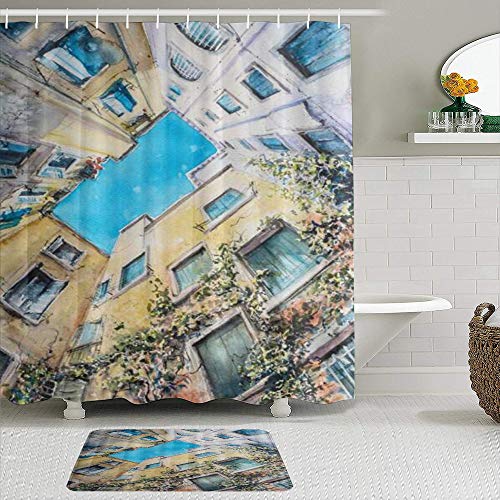 ShopHM Juegos de Cortinas de baño con alfombras Antideslizantes, Vista del Patio de la casa residencial en Venecia,con 12 Ganchos