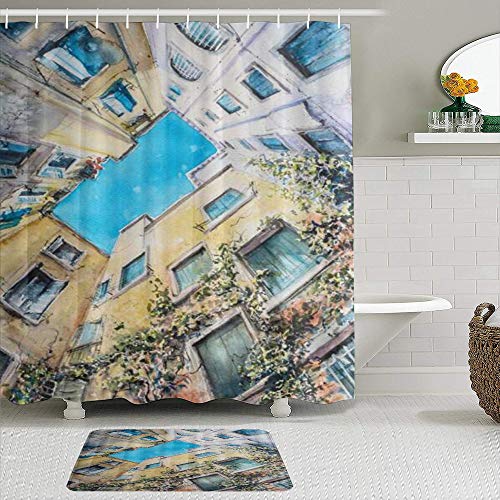 ShopHM Juegos de Cortinas de baño con alfombras Antideslizantes, Vista del Patio de la casa residencial en Venecia,con 12 Ganchos ShopHM Juegos de Cortinas de baño con alfombras Antideslizantes, Vista del Patio de la casa residencial en Venecia,con 12 Ganchos