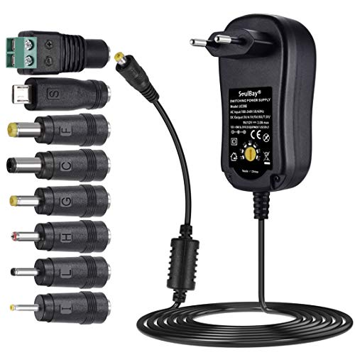 SoulBay 36W Adaptador Universal de AC DC Regulables Fuente de alimentación 3V / 4,5V / 5V / 6V / 7,5V / 9V / 12V Cargado Incl. 8 enchufes adaptadores -3000mA máximo