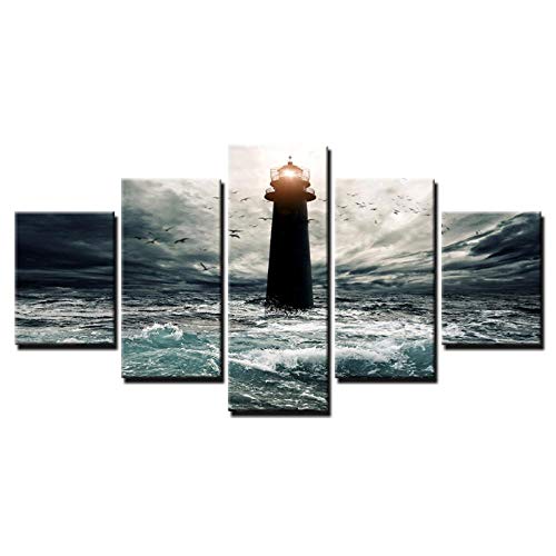 Wslin Cuadro Modular Impreso Lona Grande 5 Paneles Faro Vista Al Mar Pintura para Dormitorio Sala De Estar Inicio Decoración De Arte De Pared 150X80Cm