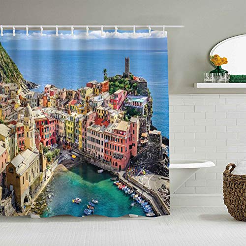YiiHaanBuy Cortina de Ducha Impermeable,Vista del Puerto de Italia en The Vernazza Village Coloridos Apartamentos y Barcos,Cortinas de baño de poliéster de diseño 3D con 12 Ganchos,tamaño 180 x 180cm