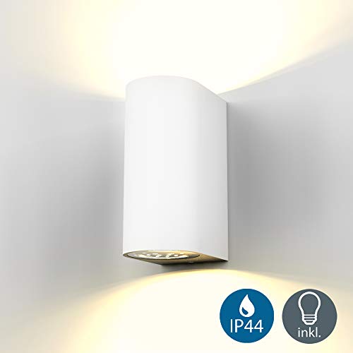 B.K.Licht - Aplique de pared con bombillas GU10 LED para interiores y exteriores de luz blanca cálida, con índice de protección IP44, 2 x 5 W, 800 lúmenes, 3000K, color blanco