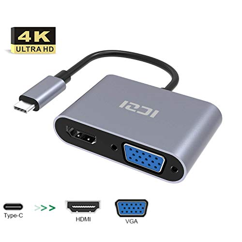 ICZI Adaptador USB C Thunderbolt 3 2 en 1 Adaptador USB Tipo C a HDMI 4K y VGA 1080P para Macbook Pro Samsung S10 Huawei iPad Pro 2018 etc, Soporta HDMI y VGA Funcionan a la Vez
