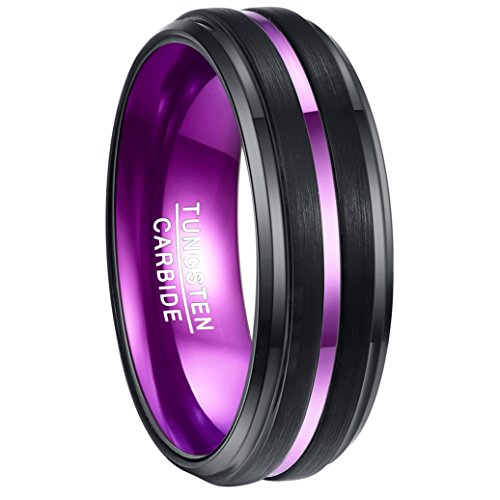 NUNCAD Anillo Hombre Mujer Unisex Negro/Violeta de Tungsteno con Ranura Púrpura 8mm para Boda Compromiso Regalo de Cumpleaños Día de San valentín Talla 62 (19,8mm)