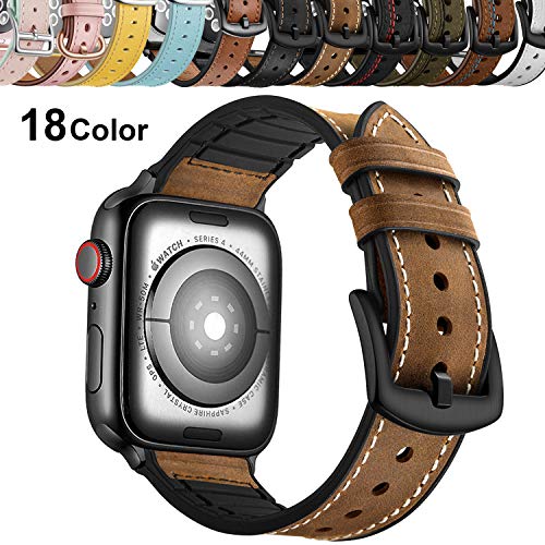 Qeei Correa Compatible with Apple Watch 42mm 44mm,Sport Hybrid Style Silicone Genuino Banda de Cuero con Seguro Metal Band Replacement for iWatch Series 5 & 4 3/2/1,Brown