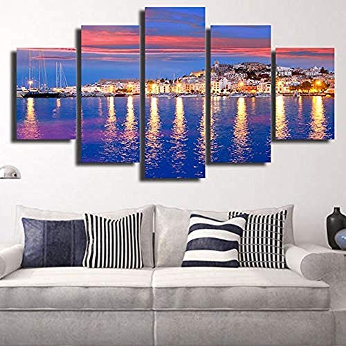 Suwhao  Cuadros De Lienzo Impresiones De Arte De Pared Carteles 5 Piezas Hermosa Isla De La Noche Pinturas Con Vista Al Mar Decoración Para El Hogar